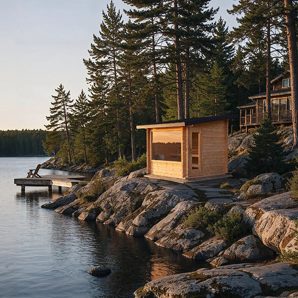 Dundalk Leisurecraft Avalon Sauna on a rocky shoreline by a dock