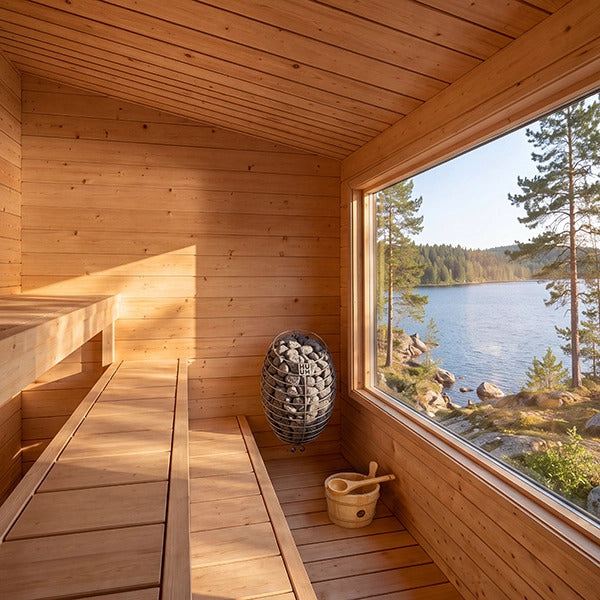 Dundalk Leisurecraft Avalon Sauna interior with a lake view window