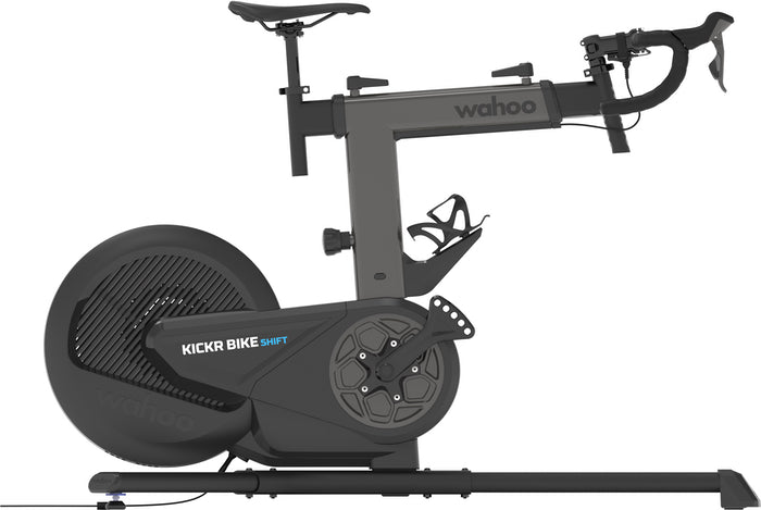 Wahoo KICKR BIKE SHIFT, bike from the side with flywheel housing and base legs