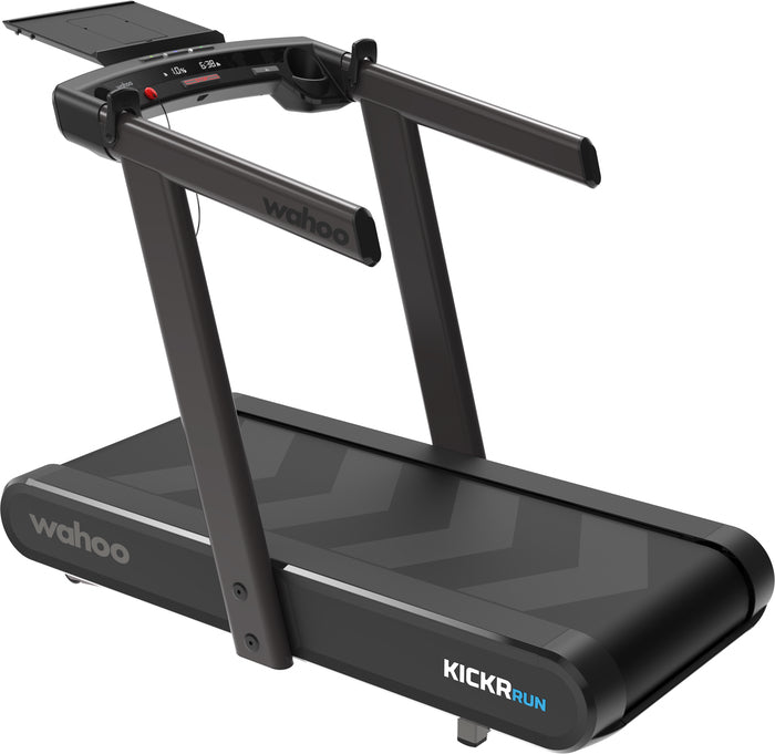 Wahoo KICKR RUN, treadmill from the left back corner with console arms and shelf