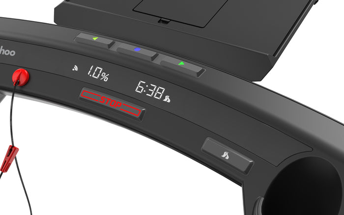 Wahoo KICKR RUN, console buttons and display with the red safety clip