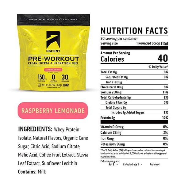 Ascent Protein Pre Workout - Raspberry Lemonade 30 Serving Bag Nutrition Facts