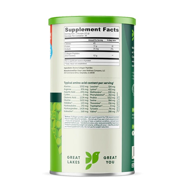 Great Lakes Wellness Unflavored Collagen 16oz Supplement Facts Back