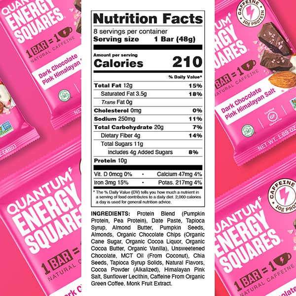 Quantum Energy Squares Dark Chocolate Pink Himalayan Salt Nutrition Facts