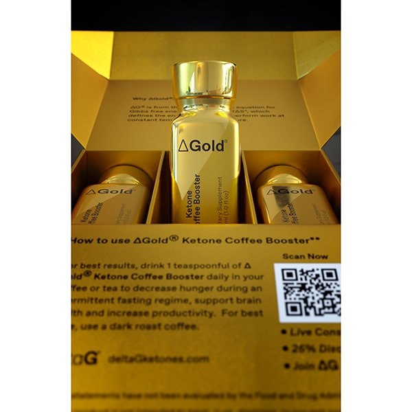 deltaGold® Ketone Ester Coffee Booster Front View In Threes